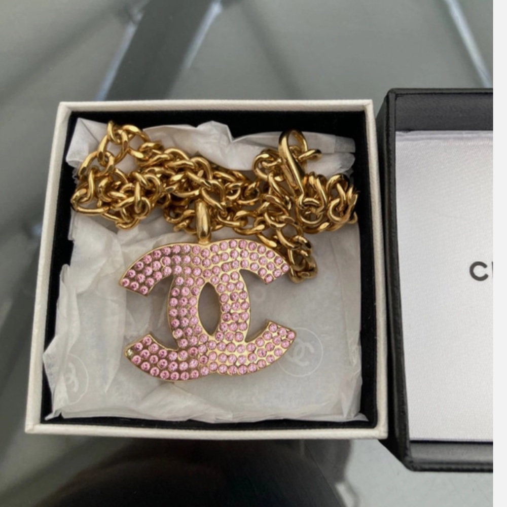 Jumbo Chanel Pink Crystal CC Logo Gold Necklace